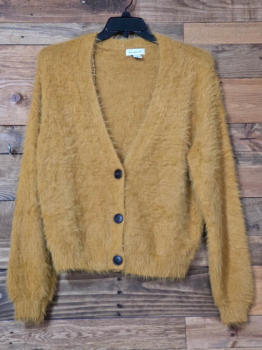 If It Were Me Women's S Mustard Fuzzy Eyelash Knit V-Neck Button Cardigan